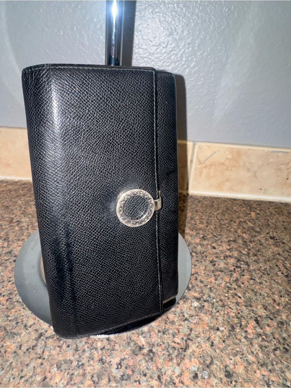 Bvlgari Black Leather Continental Wallet with Silver fold over clasp EUC